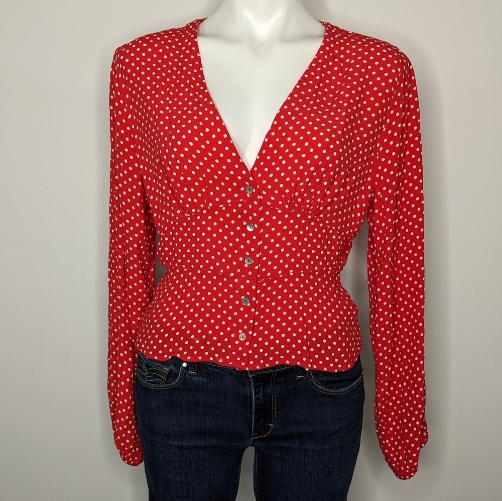 Free People red white polka dot v neck button up long sleeve top M